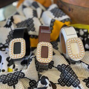 CWABE0130 Women's Round Diamond Pearl Buckle Belt in your choice of colors